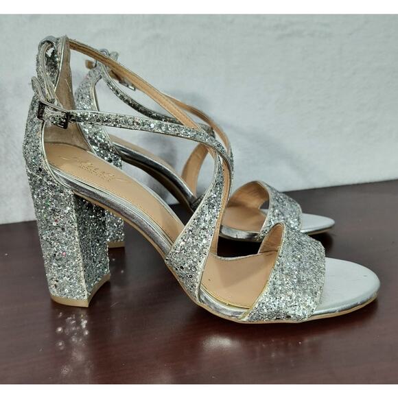 Jewel Badgley Mischka Cook Silver Glitter Sandals Women's Sz 9.5 Metallic Shoes - Picture 4 of 14